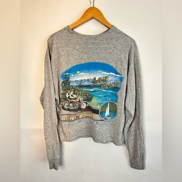 VTG Harley Davidson Lake Tahoe Long Sleeve Cropped Tee Front Pocket Graphic L - Picture 1 of 7